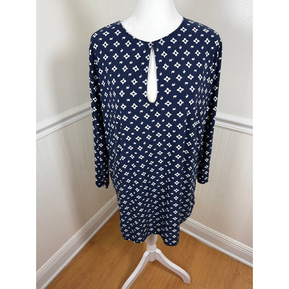 Lauren Ralph Lauren Tunic Top Women 1X Navy Blue White Geometric Keyhole Stretch
